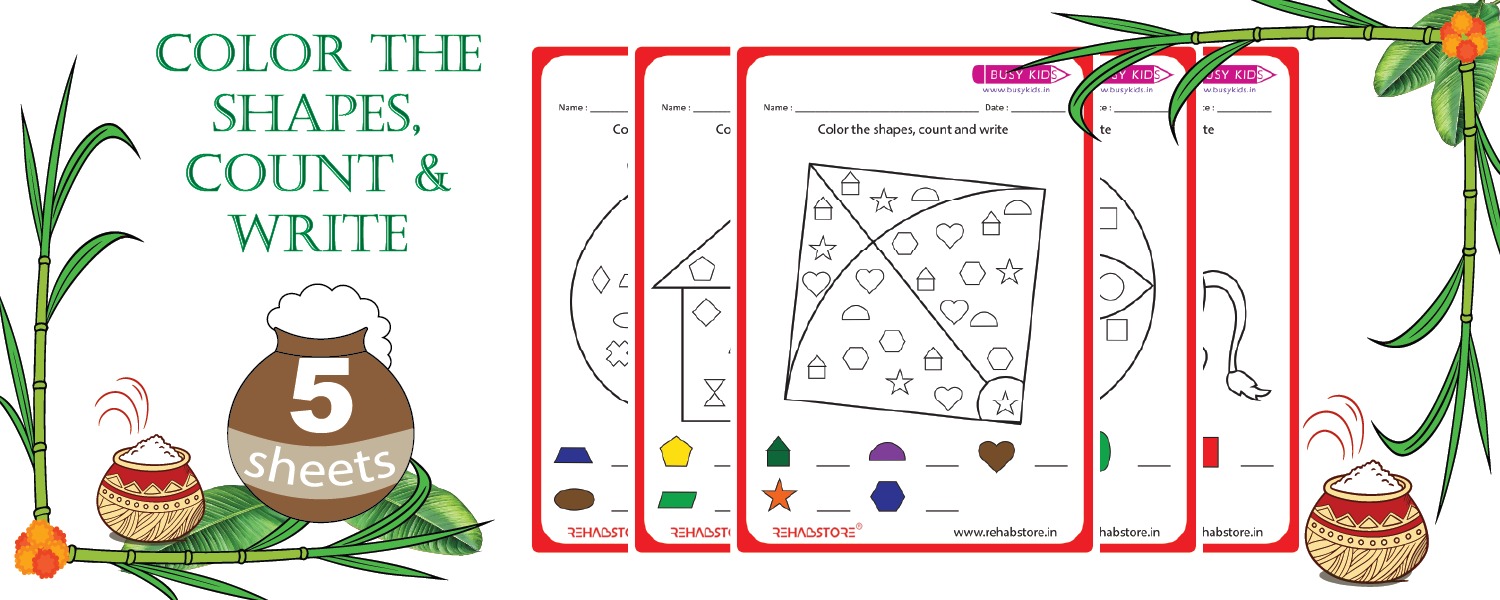 Color the Shapes, Count and Write